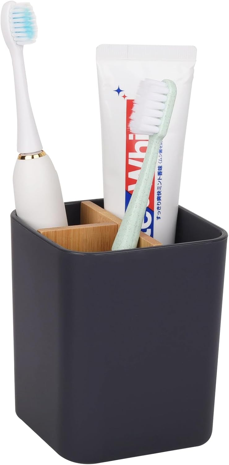 Bamboo Toothbrush Holder for Bathrooms, 3 Slots Toothbrush and Toothpaste Holder Bathroom Counter Organizer for Electric Toothbrushes, Floss, Razors - Cool Grey