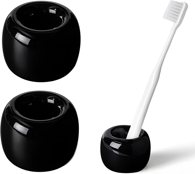 AirMoon Mini Ceramic Toothbrush Holder for Bathroom - Black Small Countertop Organizer, Easy Clean Toothbrush Stand, Suit for Electric Toothbrush Head, Pens & Coffee Spoon, Pack of 2