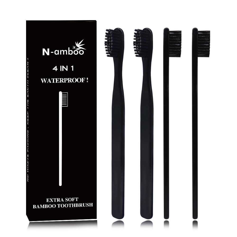 Bamboo Toothbrush Soft Bristles Manual Toothbrush Adult Toothbrush Pack of 4 Painted Black