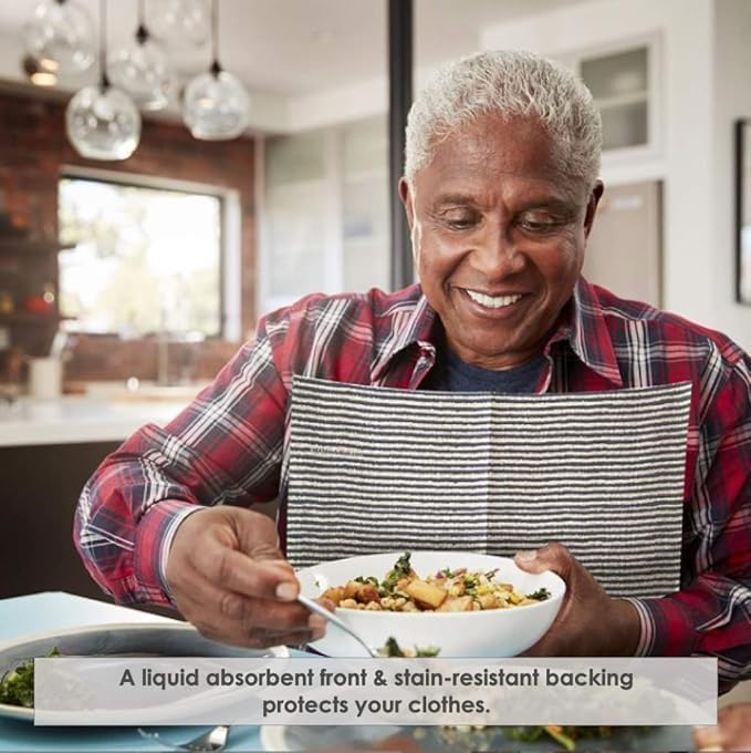 Disposable Bibs for Adults, Kids & Elderly Senior | Adhesive Tab Napkins for Eating, Personal Use, Home Care & Business Spill Absorbent, Stain/Liquid Repellent Blue Ticking, 20 Count x 5 (100 Total)