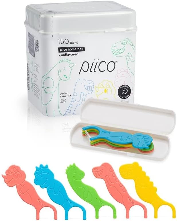 Piico No Flavor Kids Floss - No Fluoride Dual Line Dental Floss Picks - Fun Oral Care in Colorful Floss Sticks Design - Kids Flossers Prevent Tooth Decay & Gum Disease - 150 Homebox Dino & Travel Case