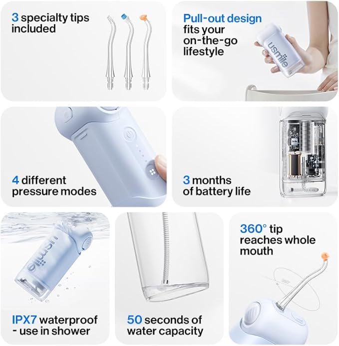 usmile C10 Portable Water Flosser – Travel-Friendly, 95-Day Battery, 4 Modes, 360° Nozzle, 180ml Tank, IPX7 Waterproof, Dentist-Recommended for Braces, Implants & Sensitive Gums (Blue)