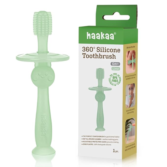haakaa 360° Silicone Baby Toothbrush – 100% Soft Food Grade Silicone, BPA-Free, Suction Base, Safe for Babies 6 Months+, Gentle Gum and Teeth Cleaning for Infants, Gum Massager (Lime)