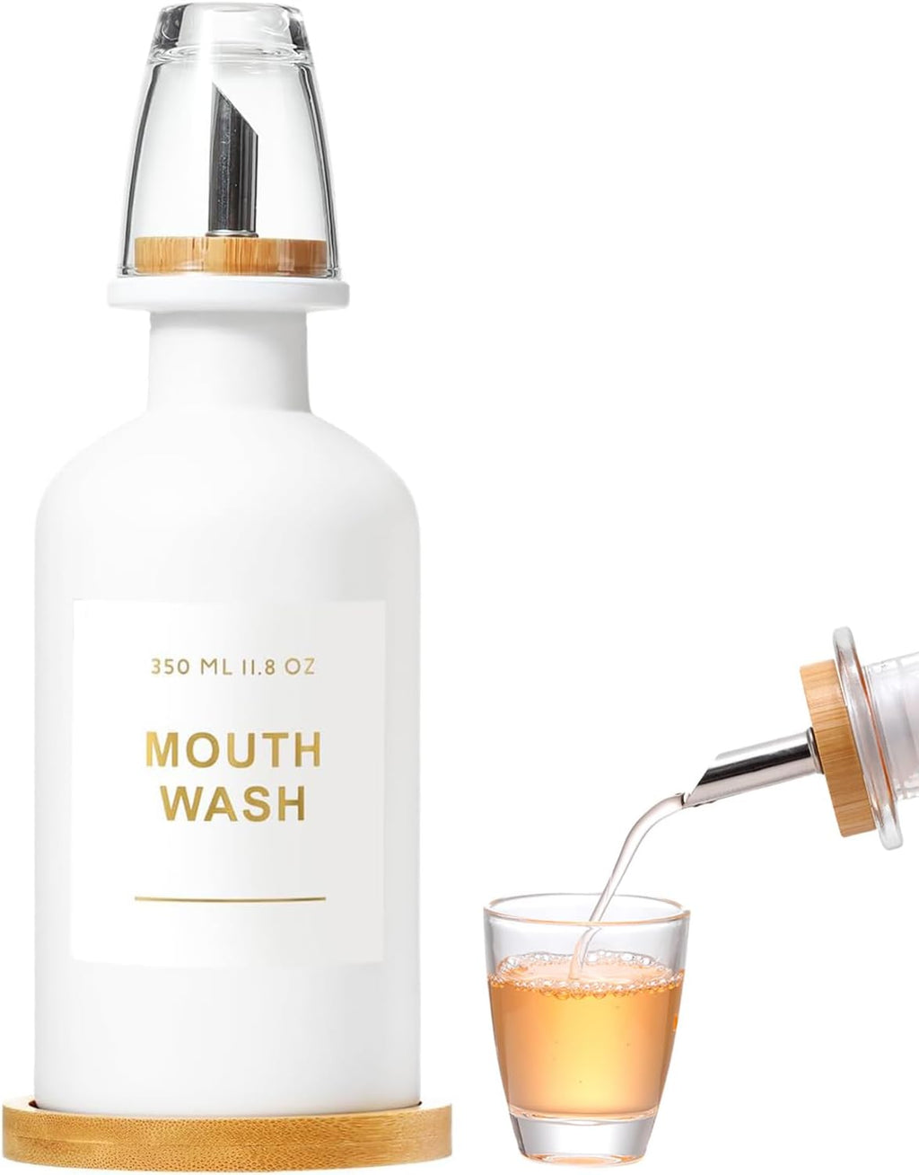 11.8OZ Mouthwash Dispenser for Bathroom with Bamboo & Stainless Steel Pour Spout, Mouthwash Cup Reusable, Bamboo Tray, and Elegant Gold Label. （White