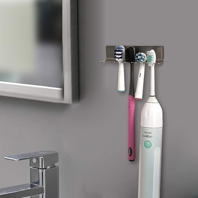 Wall Mounted Toothbrush Holder, Stainless Steel Toothbrush Holder with Self-Adhesive No Drilling Toothbrush Organizer, Bathroom Mounted Holder for Toothbrush Head, Washroom Razor Holder