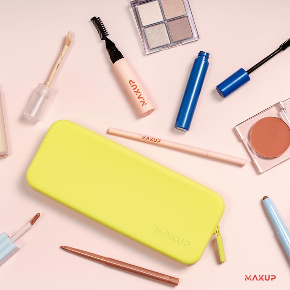 MAKUP Silicone Makeup Bag, Makeup Brush Holder with Zipper for Organizing Cosmetics, Makeup Brushes, Tools and Pencils, Washable Makeup Brush Holder Pouch for Travel (Electric Lime)