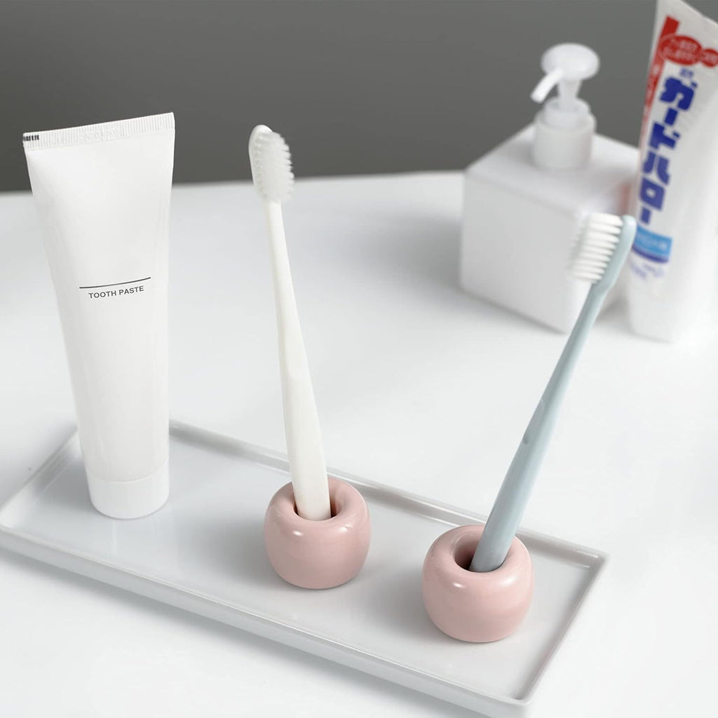 Mini Ceramic Couple Toothbrush Holder, Hand-Made Bathroom Toothbrush Holder, Electric Toothbrush Head Holder and Office Pen Holder 2-Piece Set (Pink)