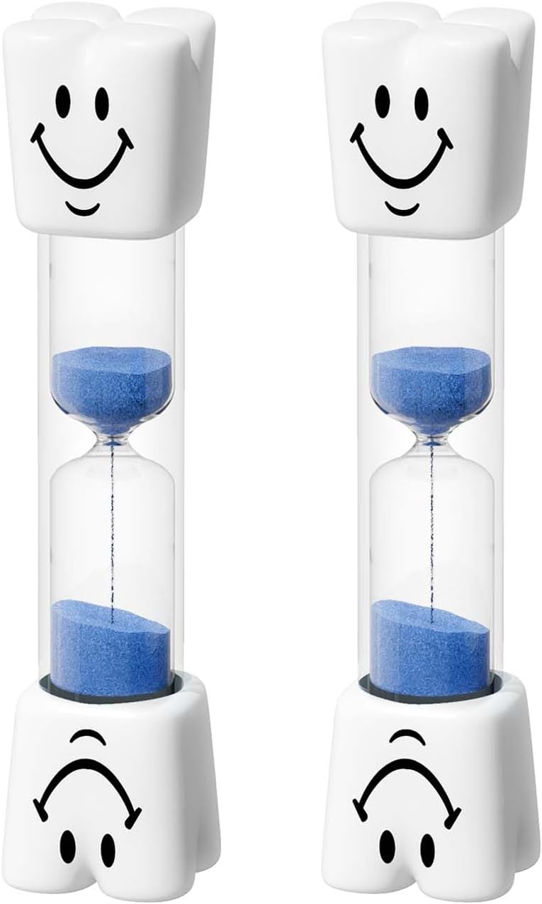 2 Minute Sand Timer for Kids, Small Blue Smiley Acrylic Hourglass Sand Clock Set, Plastic Glass Mini Sandglass for Toothbrush Classroom Games Kitchen (Pack of 2)