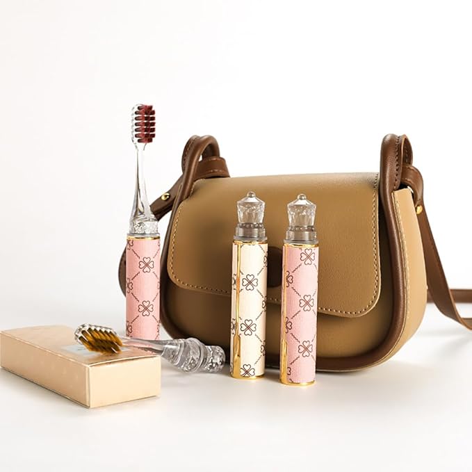 Foldable Travel Toothbrush Set,Compact Head,Mini Toothbrush with Toothbrush Case,Soft Bristled Travel Toothbrushes for Adults (Leather Handle Apricot 1 Set)