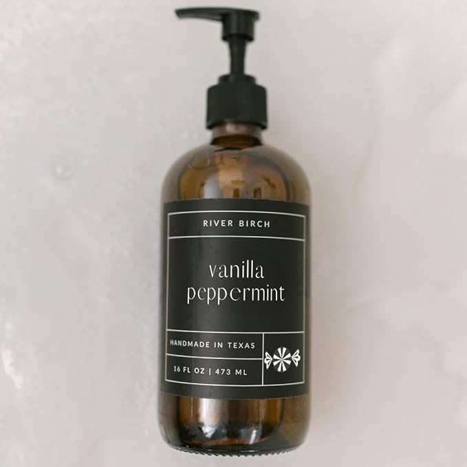 River Birch Vanilla Peppermint Scented Natural Hand Soap - Handmade Soap - Moisturizing Hand Wash with Amber Glass Dispenser - Luxury Scented Hydrating Hand Soap - Vegan and Non-Toxic - 16 Fl Oz