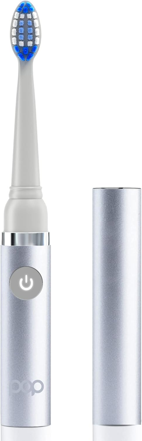 Pop Sonic Electric Toothbrush (Metallic Silver) - Travel Toothbrushes w/AAA Battery | Kids Electric Toothbrushes with 2 Speed & 15,000-30,000 Strokes/Minute, Dupont Nylon Bristles