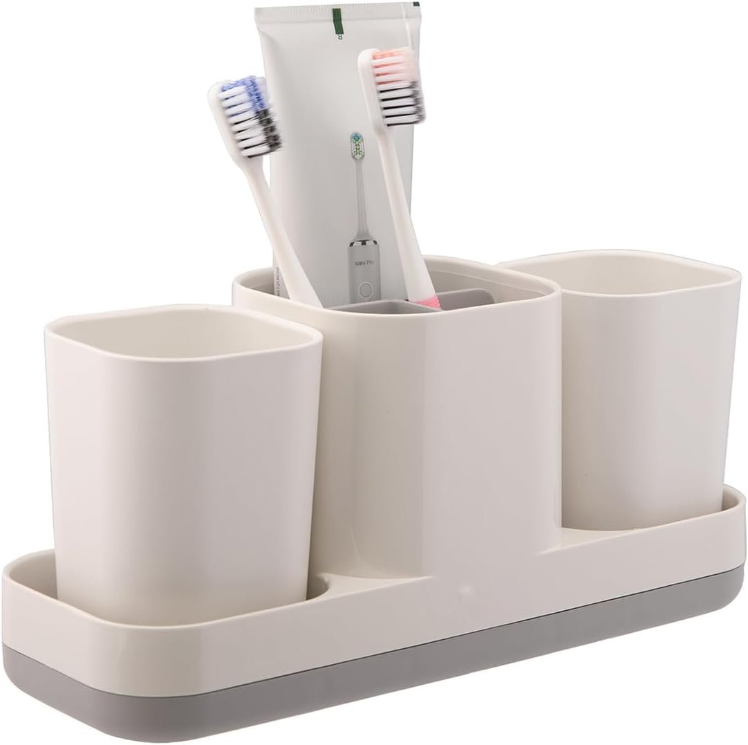 Toothbrush Holder for Bathroom, Electric Toothbrush Holder with Cups, Kids Bathroom Accessories Set with Toothpaste Holder, White