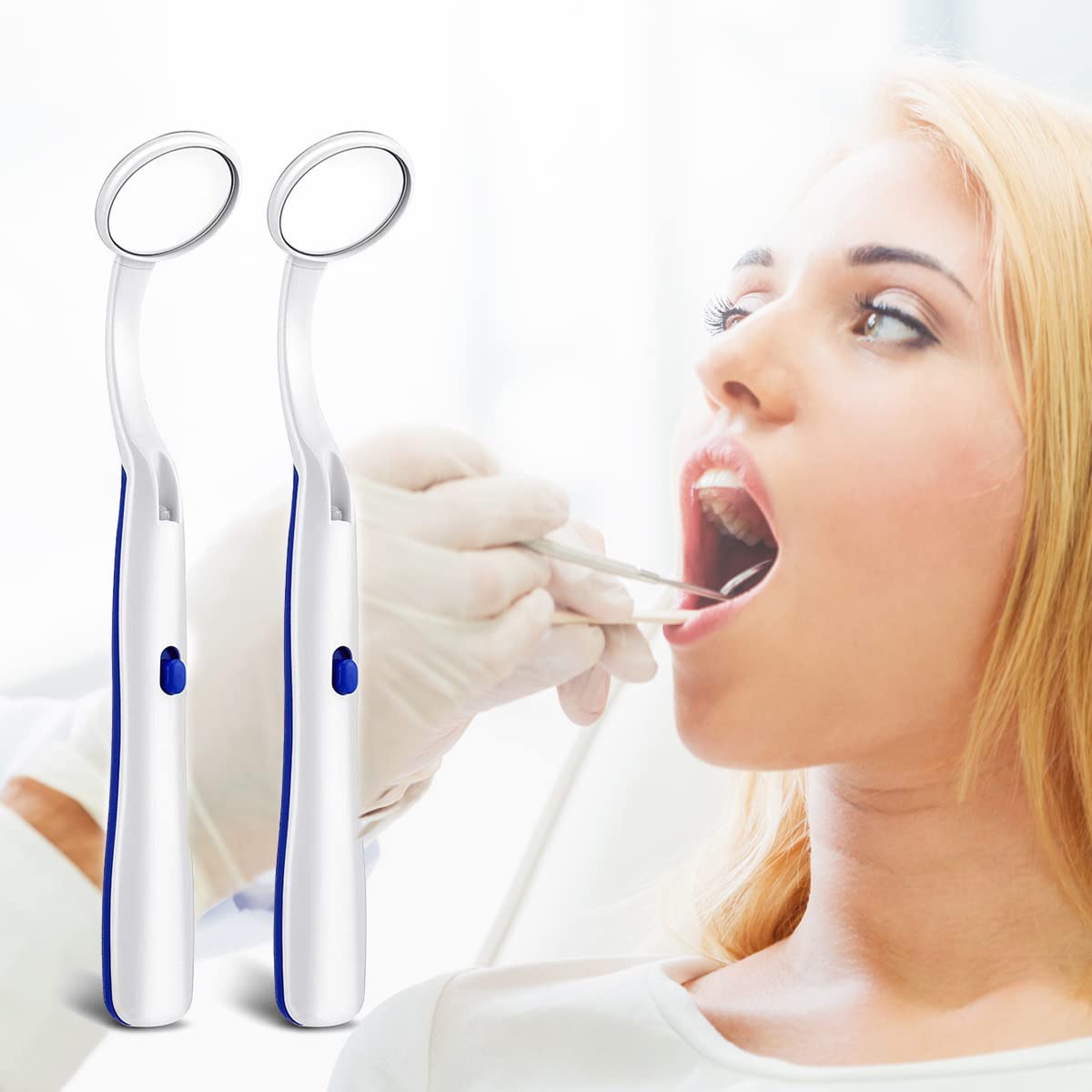 2 Pcs Dental Mirror with Light Tool LED Lighted Teeth Inspection Mirror Anti Fog Curve Angle Dentist Oral Care Tool (Dark Blue)