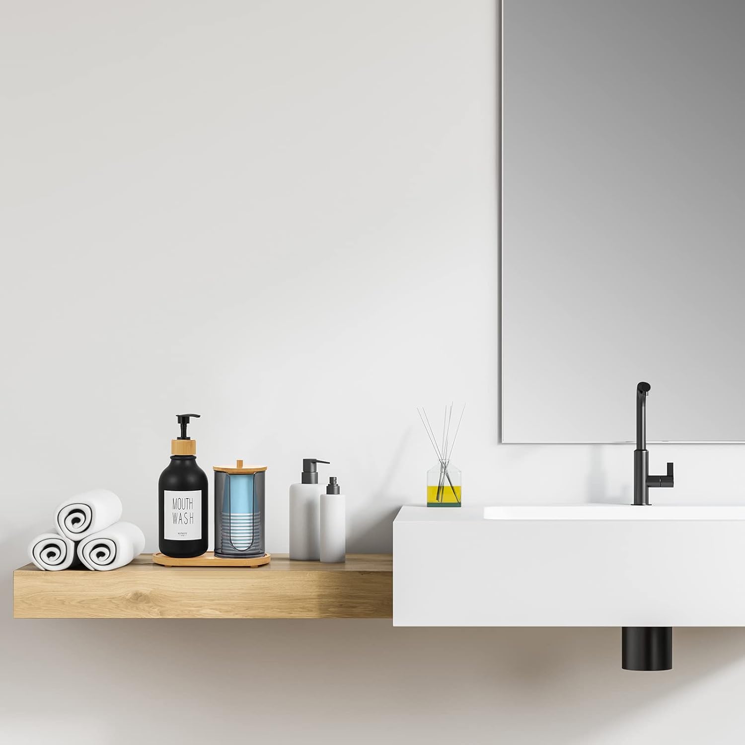 VITVITI Mouthwash Dispenser for Bathroom, Mouth Wash Pump Bottle with Paper Cup Holder, 17Oz Refillable Black Mouthwash Container with Bamboo Lid/Tray/Label