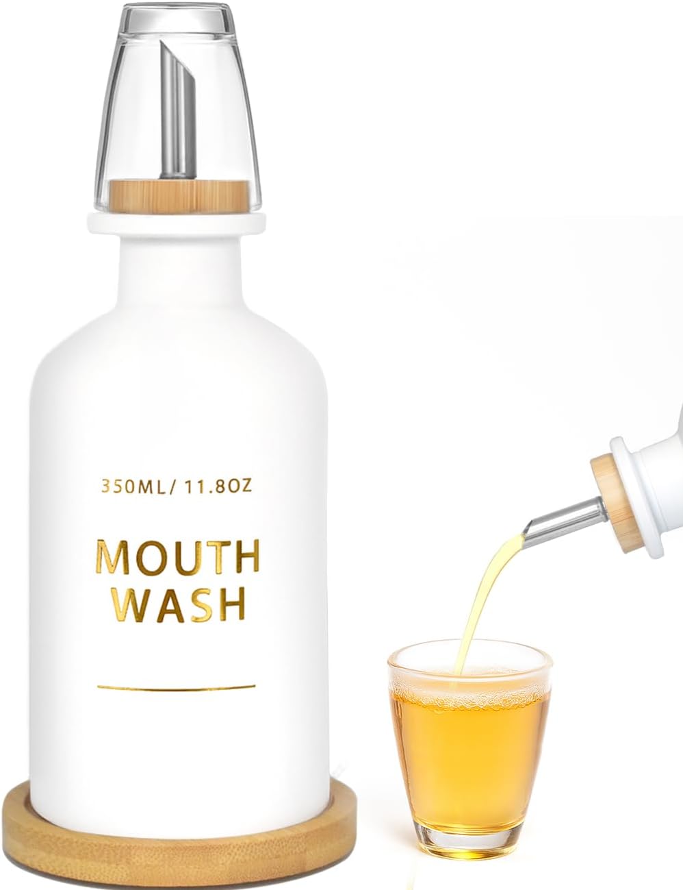 Mouthwash Dispenser for Bathroom 11.8oz – Glass Mouthwash Bottle with Cup & Bamboo Tray, Gold Hot-Stamped Lettering, Nordic Style Countertop Accessory, White Bathroom Accessories (White)