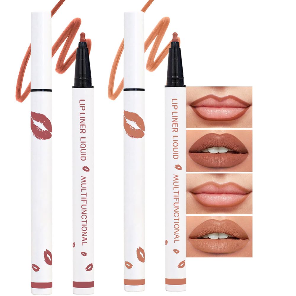 Kaely 2Pcs Mocha Nude Longwear Liquid Lip Liner Waterproof, 24 Hour Long Lasting Lip Liner Stain Marker Pen, 2-in-1 Matte Semi Permanent Lipliner & Lipstick, Vegan & Cruelty-Free, 03+05