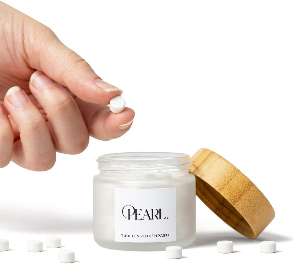 Starter Kit: The Pearl Jar & Fluoride Mint Toothpaste Tablets | Dentist Developed | Natural Whitening | TSA Approved | Reusable Packaging (Jar + 62 Tablets)