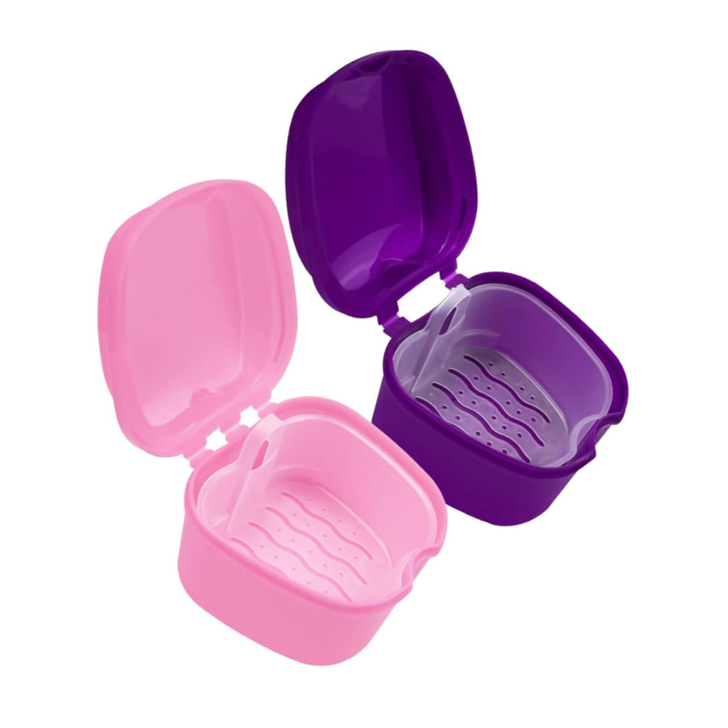 2pcs Denture Bath Retainer Case, Dentaure Cups for Soaking Dentures with Strainer Basket Tray,Compact and Pportable Design, Suitable for Traveling (Purple+Pink)