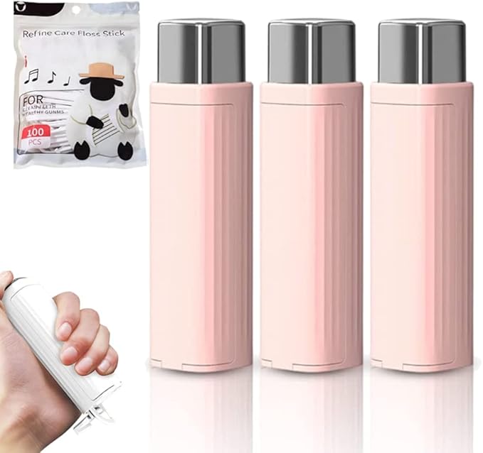 Portable Floss Dispenser with 100 Pcs Dental Floss, Dental Floss Dispenser Dental Floss Picks Case, Upgrade Portable Automatic Floss Dispenser Floss Organizer for Family Hotel Travel(3 Pcs Pink)