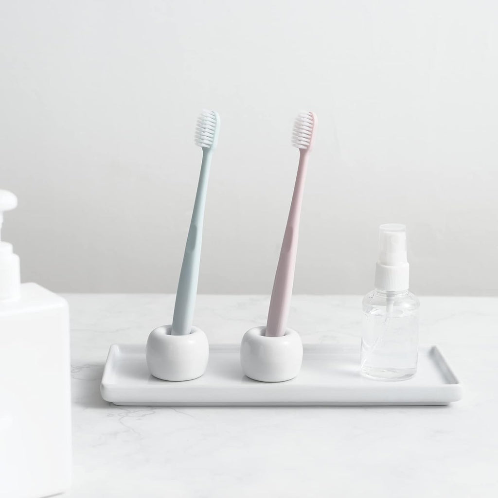 Mini Ceramic Couple Toothbrush Holder, Hand-Made Bathroom Toothbrush Holder, Electric Toothbrush Head Holder and Office Pen Holder 2-Piece Set (White)