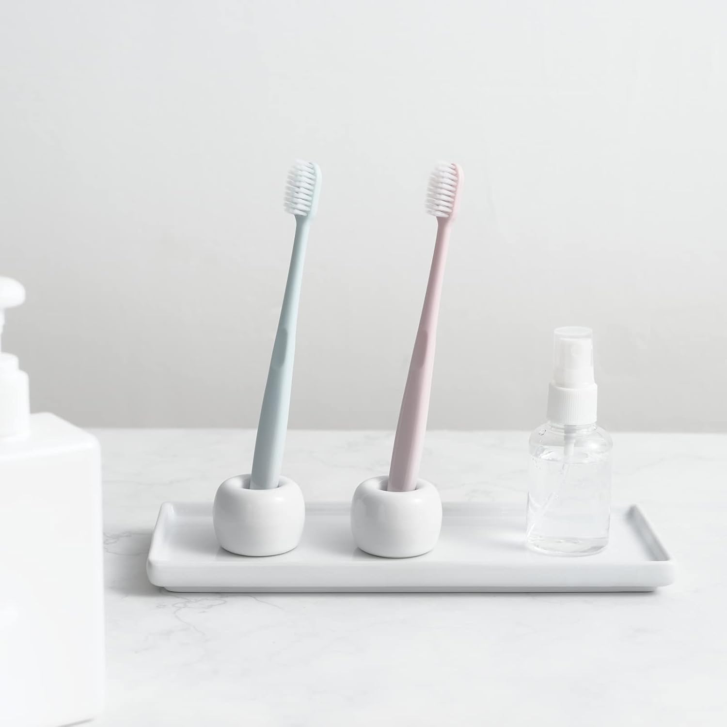 Mini Ceramic Couple Toothbrush Holder, Hand-Made Bathroom Toothbrush Holder, Electric Toothbrush Head Holder and Office Pen Holder 2-Piece Set (White)
