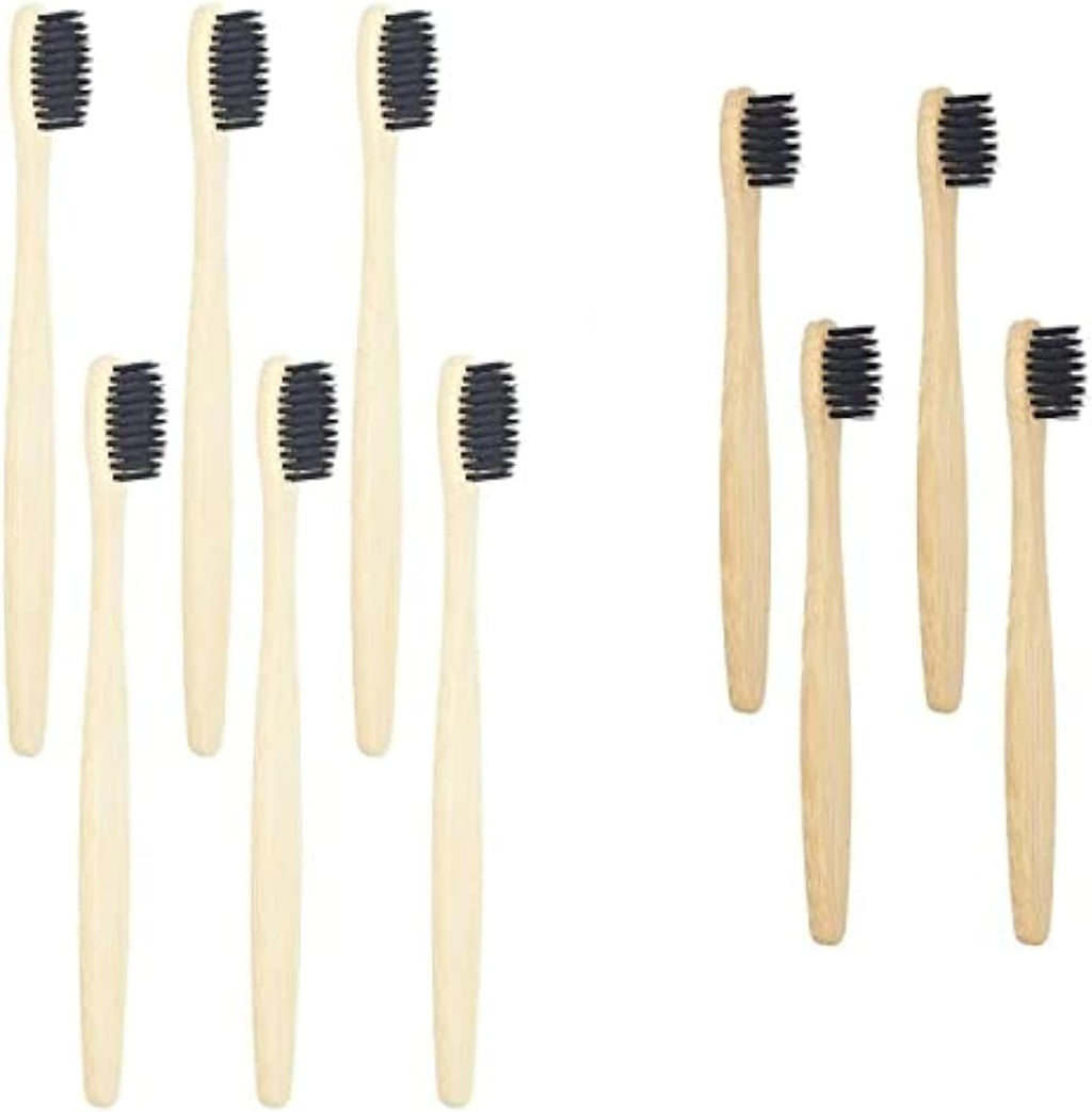 SEVENHEAD Bamboo Toothbrushes Adults & Kids Family Set 6+4 PCS Soft Bristles Wooden Toothbrushes, Natural Biodegradable BPA Free Eco Friendly Toothbrushes Black