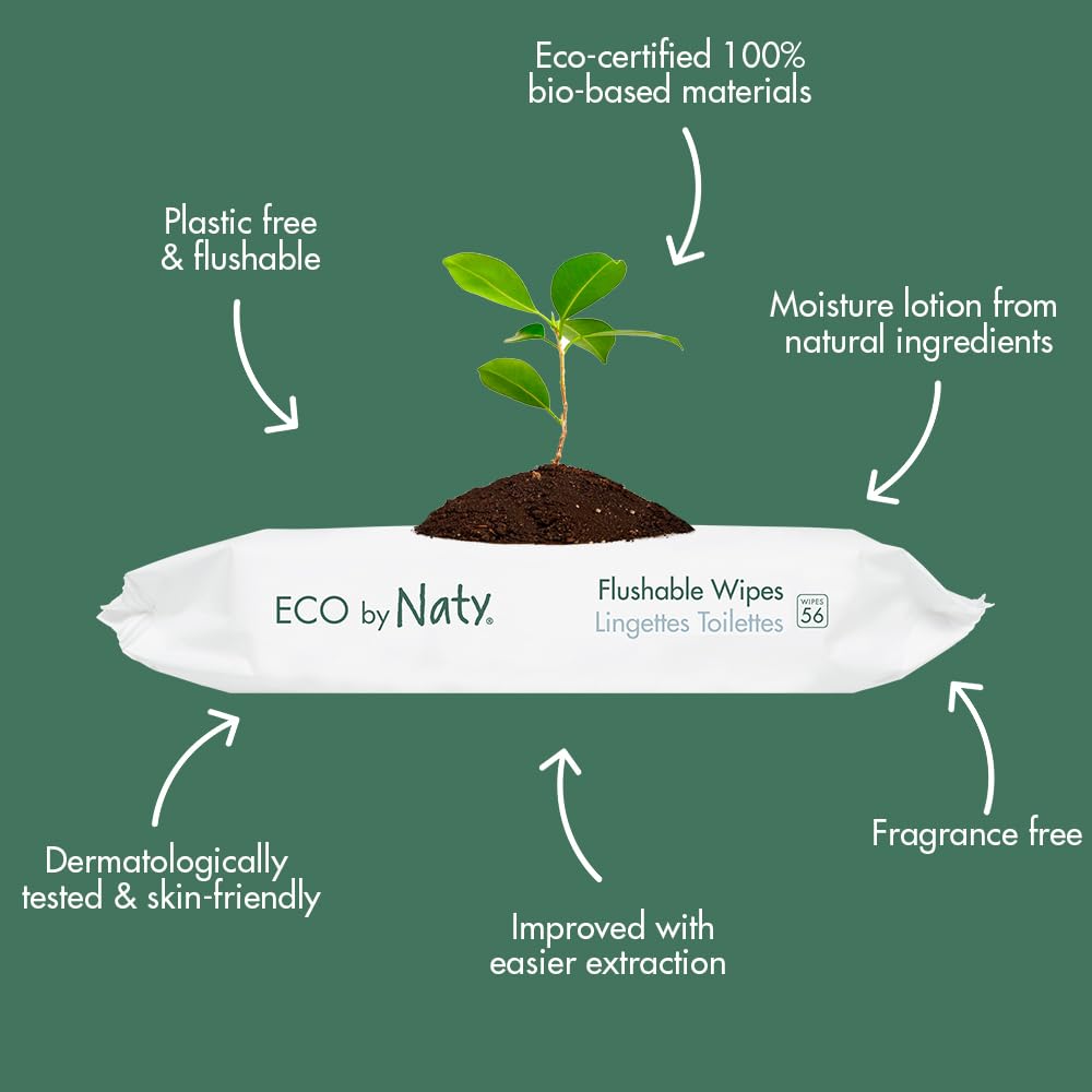 Eco by Naty Flushable Baby Wipes - Compostable and Plant-Based Wipes, Chemical-Free and Hypoallergenic Baby Wipes Safe for Baby Sensitive Skin, 42 Wipes Per Pack (12 Pk)