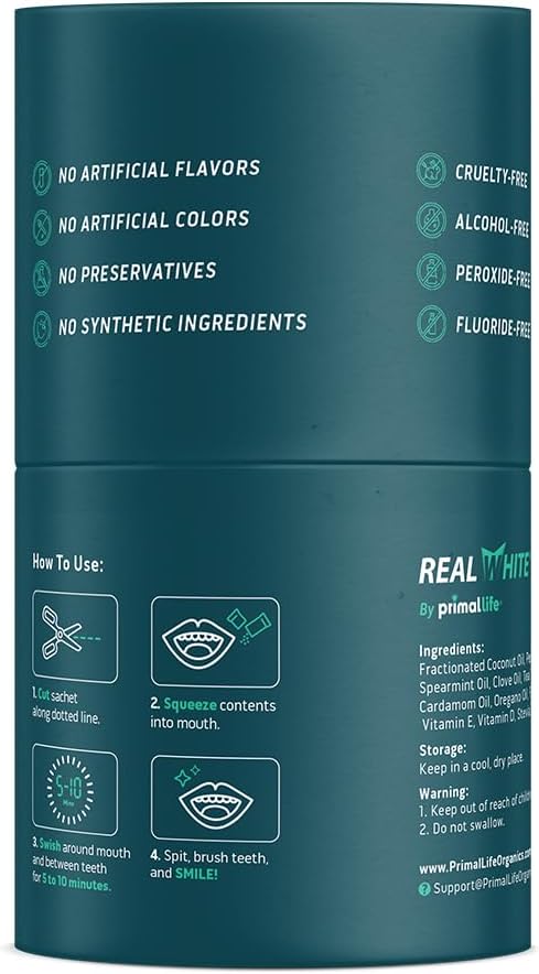 Primal Life Organics – Real White Pulling Oil, Teeth Whitening Mouthwash with Essential Oils, Coconut, Tea Tree, Key Vitamins, Chemical Free, Fluoride Free, 14 Sachets (Fresh Mint, 0.33 oz.)