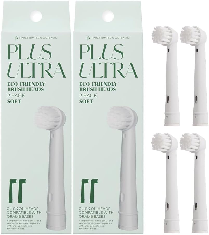 Plus Ultra Eco-Friendly Oral-B Compatible Electric Toothbrush Replacement Heads | 4 Heads Per Pack | Made with Recycled Plastic | Soft Toothbrush for Sensitive Teeth