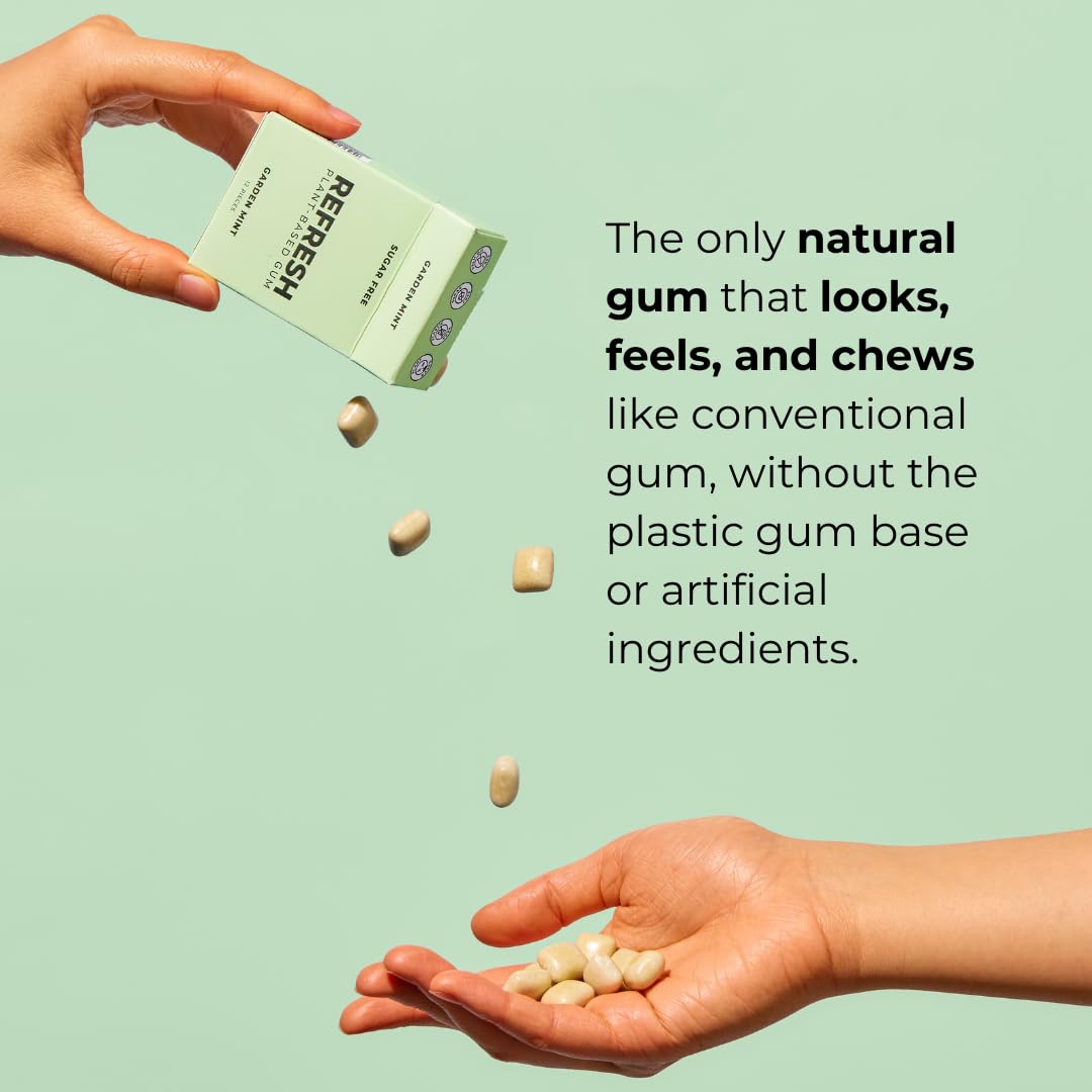 Refresh Gum, Xylitol, Natural, Sugar Free, Plastic Free, Organic Ingredients, Non GMO, Peppermint, Garden Mint, Bubble Gum, Peach & Raspberry Variety Pack, 12 Pcs, 6 Pack