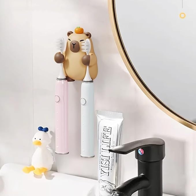 Toothbrush Holders for Bathroom Cute Capybara Electric Toothbrush Holder, Wall-Mounted Bathroom Storage Rack with Hooks No-Drill Installation