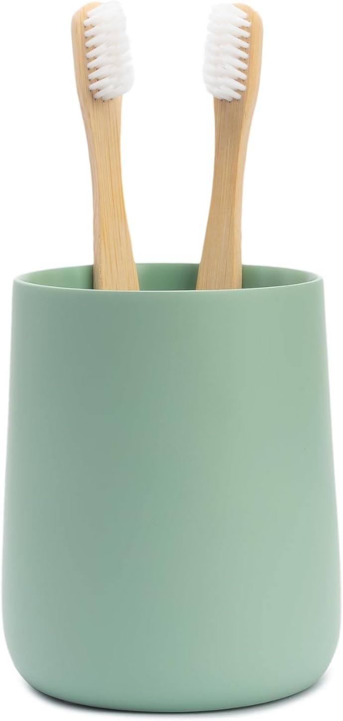 Matte Sage Green Toothbrush and Toothpaste Holder and Cup for Bathroom Vanity and Countertop, Round Organizer for Electric Toothbrushes, Floss, Razors, Cotton, and Mouthwash