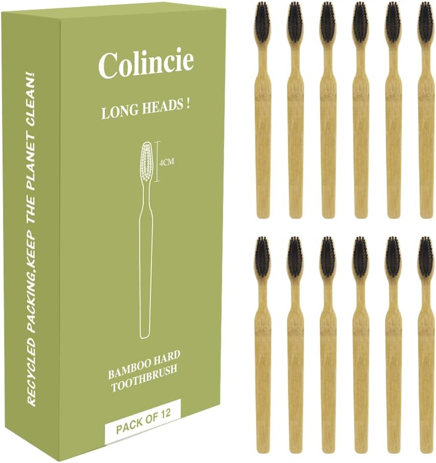 Extra Hard & Firm Bamboo Charcoal Toothbrush Long Head with Wide Thickened Handle Whitening Teeth Pack of 12