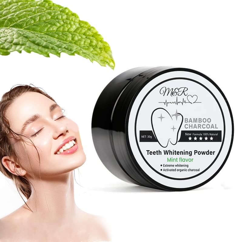 M&R New Formula More Delicate 100% Organic Activated Charcoal Teeth Whitening Powder+Bamboo Toothbrush /30g Coconut Charcoal, Effective Teeth Stain Remover and Toothpaste Alternative/Fresh Mint Taste