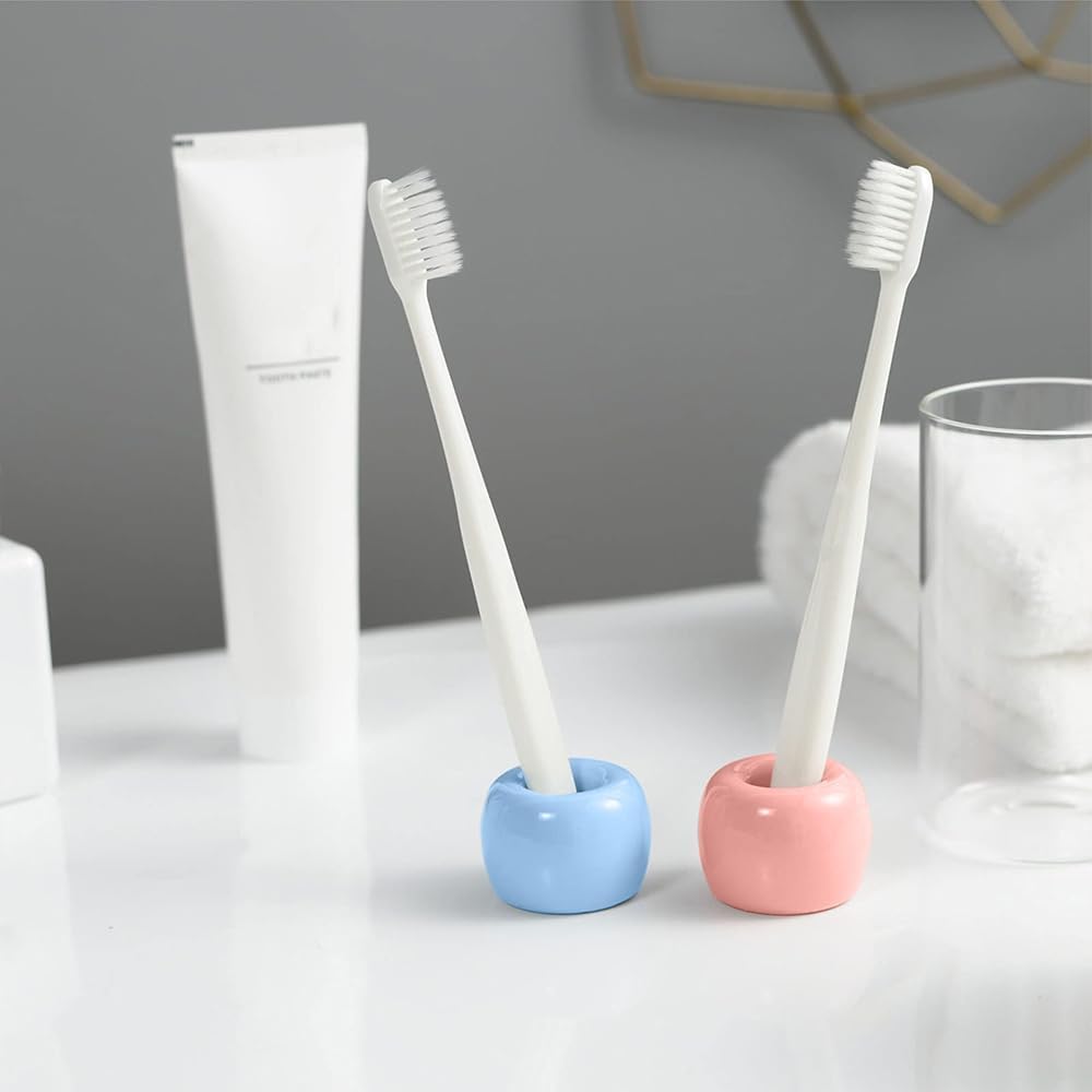 Mini Ceramics Toothbrush Holder Stand for Bathroom Vanity Countertop, Handmade Couple Toothbrush Head Holder, Shaver Holder and Office Pen Holder, Pink&Blue, Pack of 2