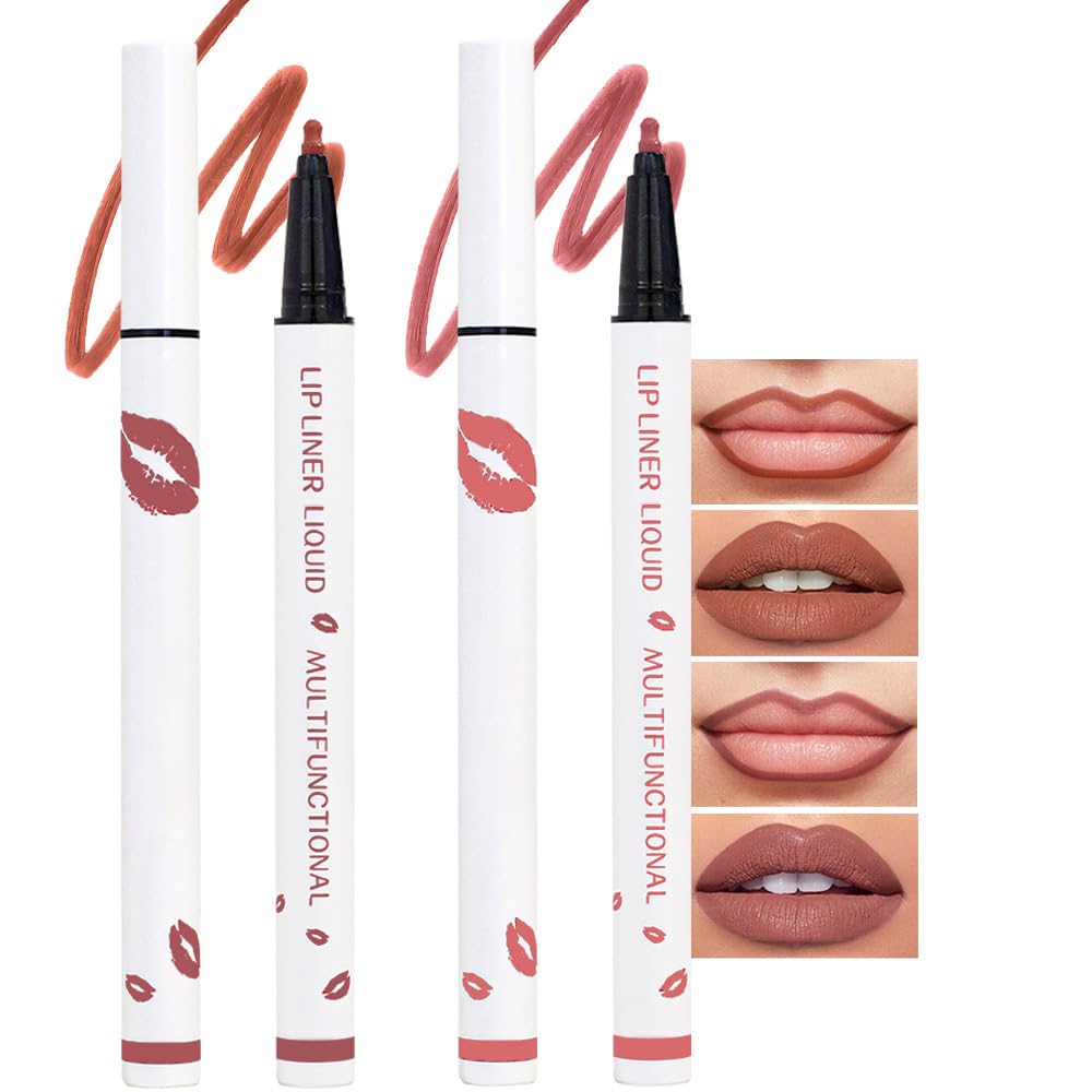 Kaely 2Pcs Mocha Beige Longwear Liquid Lip Liner Waterproof, 24 Hour Long Lasting Lip Liner Stain Marker Pen, 2-in-1 Matte Semi Permanent Lipliner & Lipstick, Vegan & Cruelty-Free, 03+07