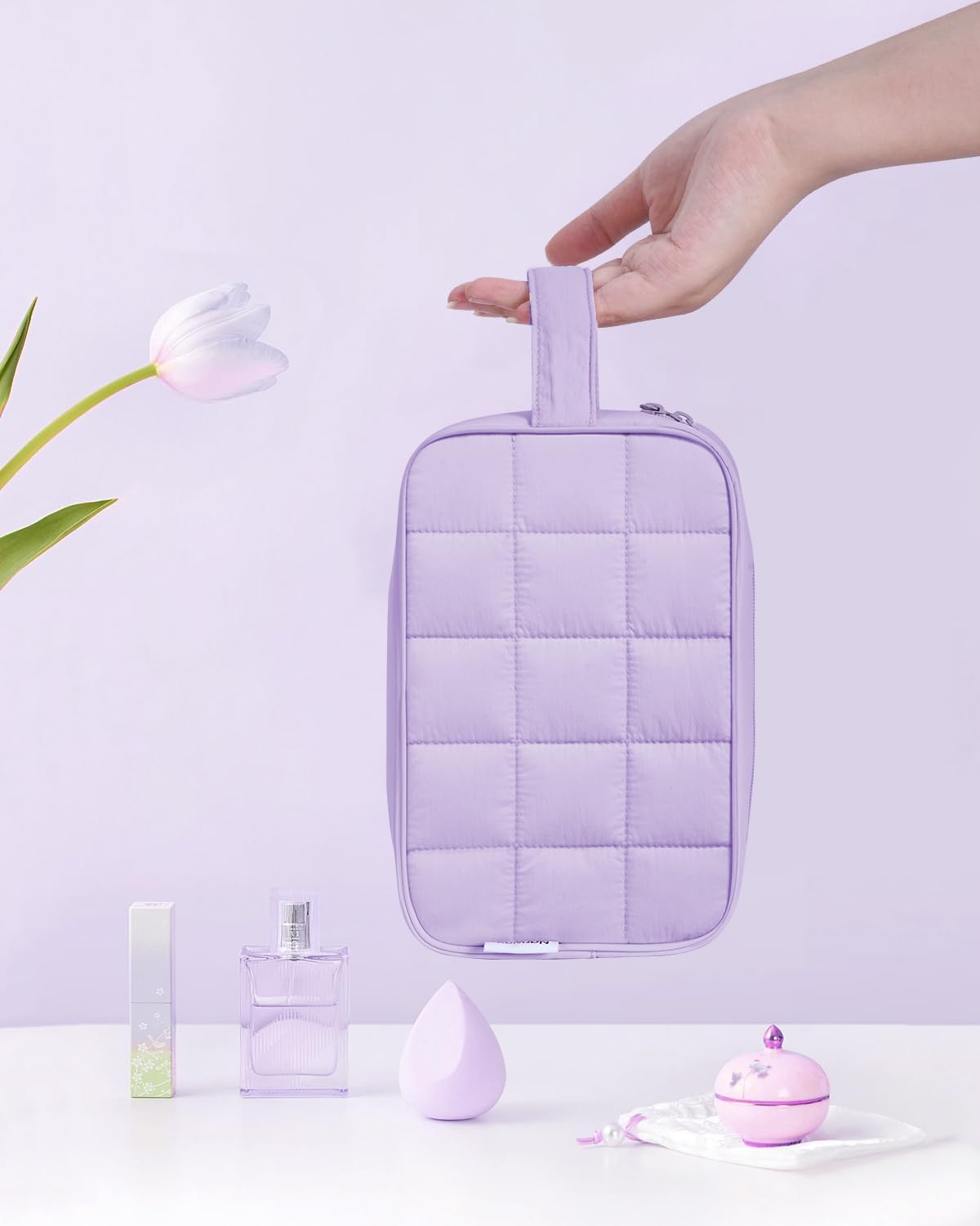 Narwey Puffy Travel Toiletry Bag for Traveling Women Girl, Travel Bag for Toiletries, Cute Travel Makeup Bag Organizer, Quilted Cosmetic Bag Make Up Skincare Medicine Bags