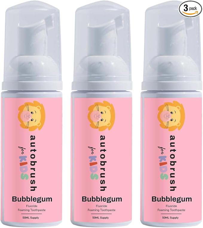 autobrush Fluoride Foaming Toothpaste for Kids, Bubblegum Flavor, Whitening & Deep Cleaning, Travel Friendly, Anti-Cavity (Pack of 3)