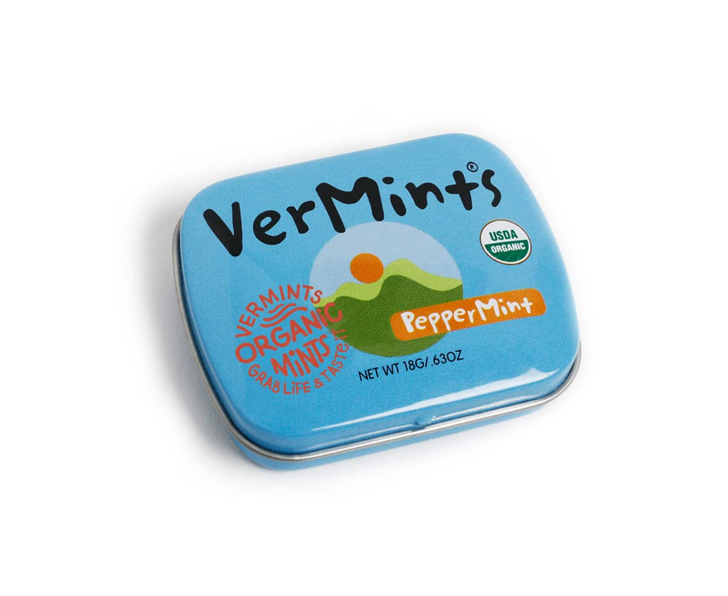 VerMints Organic Breath Mints PepperMint Candy Mints for Real Long-Lasting Flavor, Travel Size Tin - Non-GMO, Nut Free, Gluten Free, Vegan, Kosher Peppermints - .63oz/18g Tins (Pack of 12)
