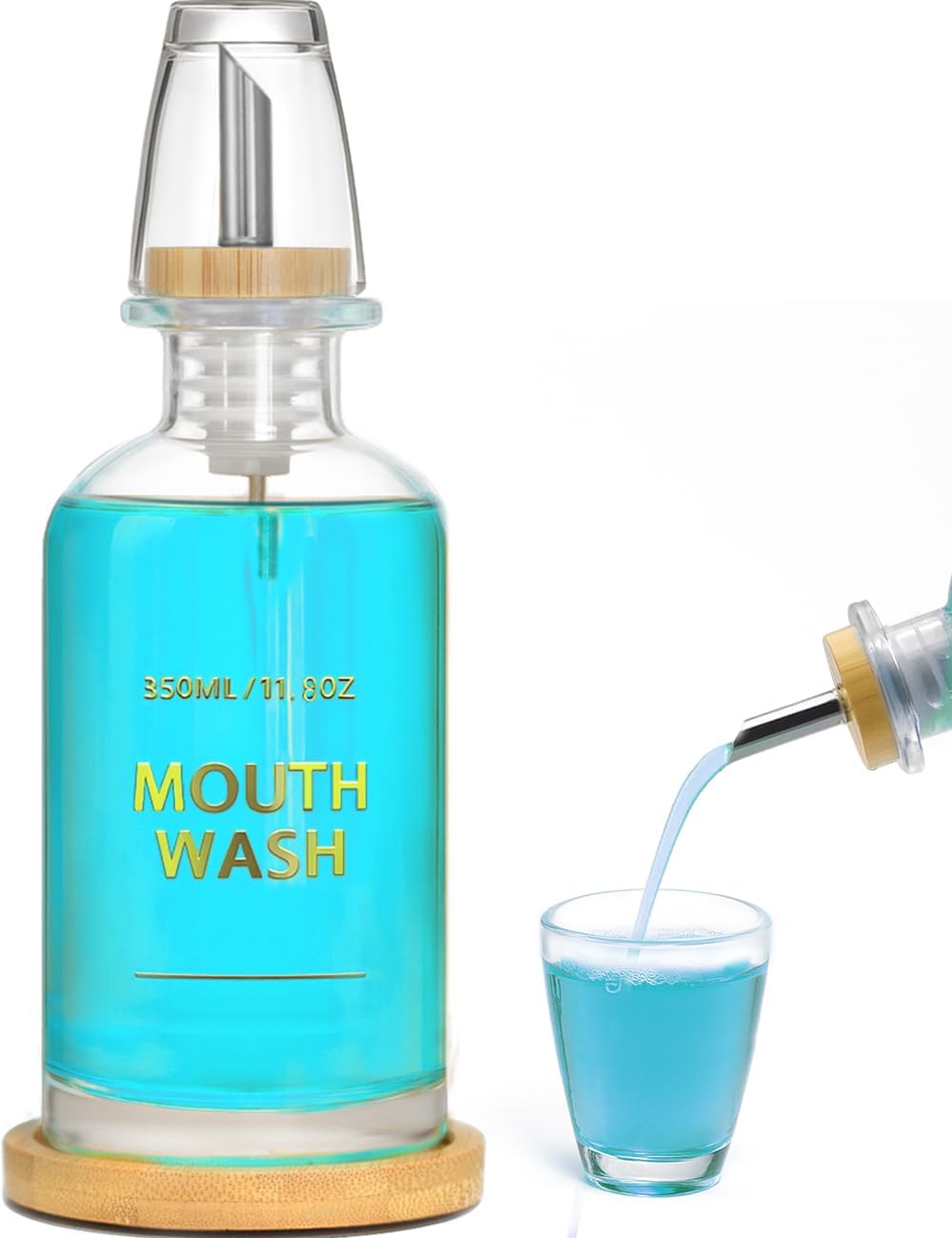 Mouthwash Dispenser for Bathroom 11.8oz – Clear Glass Mouthwash Bottle with Bamboo Tray, Silicone Base, Gold Hot-Stamped Lettering, Refillable Mouthwash Container for Bathroom (Clear)