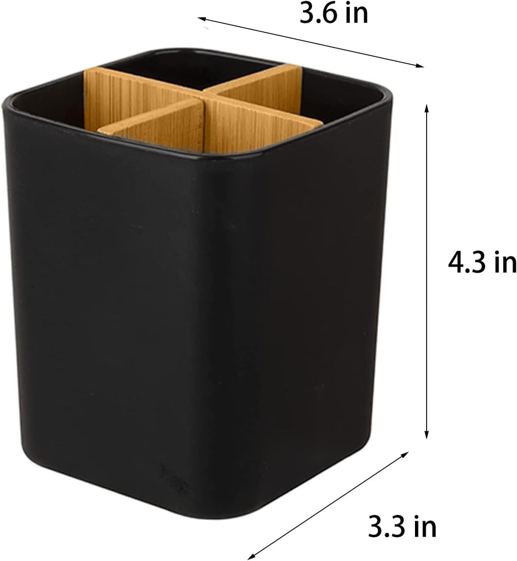 Bamboo Toothbrush Holder for Bathrooms, 4 Slots Toothbrush and Toothpaste Holder Bathroom Counter Organizer for Electric Toothbrushes, Floss, Razors - Black