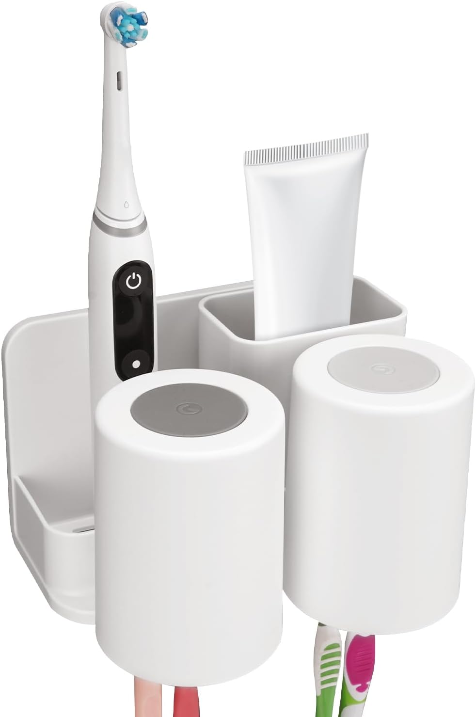 Toothbrush Holders with 2 Mouthwash Cup Wall Mounted for Bathrooms, 2 Slots Bathroom Organizer for Toothpaste, Electric Toothbrush, Razor, Floss, Self Adhesive Toothbrush Hanger Storage for Shower