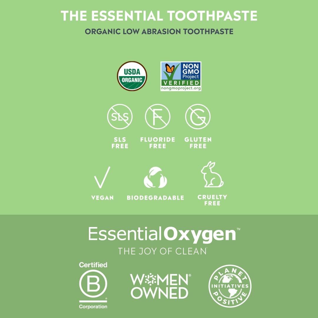 Essential Oxygen BR Certified Organic Toothpaste, for Whiter Teeth, Fresher Breath, Happier Gums, Tooth Sensitivity, Peppermint, 4 Ounce (Pack of 2)