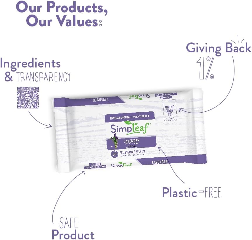 Simpleaf Flushable Wet Wipes Lavender | Plastic Free, Paraben & Alcohol Free | Hypoallergenic & Safe for Sensitive Skin | Soothing Aloe Formula | Adult Toilet Wipes (6 x 50 Counts Pack) 300 Counts