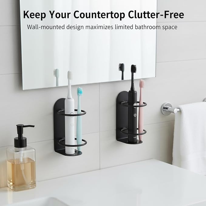 2 Pack Electric Toothbrush Holders No-Drill Adhesive, Wall Mounted Toothbrush Storage for Bathroom, Organizer for Electric & Manual Toothbrushes