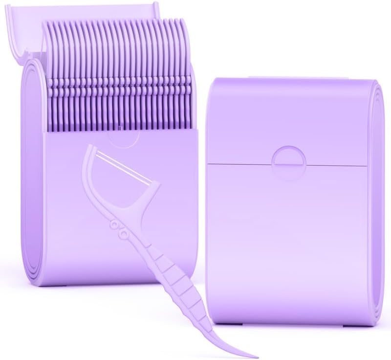 Generic Floss Dental Picks Travel Case 2 Box，104 Double Line Flosser Included-Mint-Flavored-Bilateral Storage Dental Floss Sticks and Toothpick Container,Oral Hygiene Essential., Purple