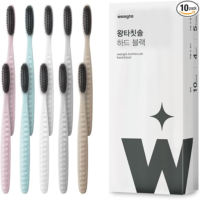WANGTA Black – Charcoal Extra Large Toothbrush – 1.6 inch (4 cm) Wide Head | 4,000 Bristles for Firm Cleaning & Odor Suppression | Made in Korea Premium Oral Care (10 Pack)