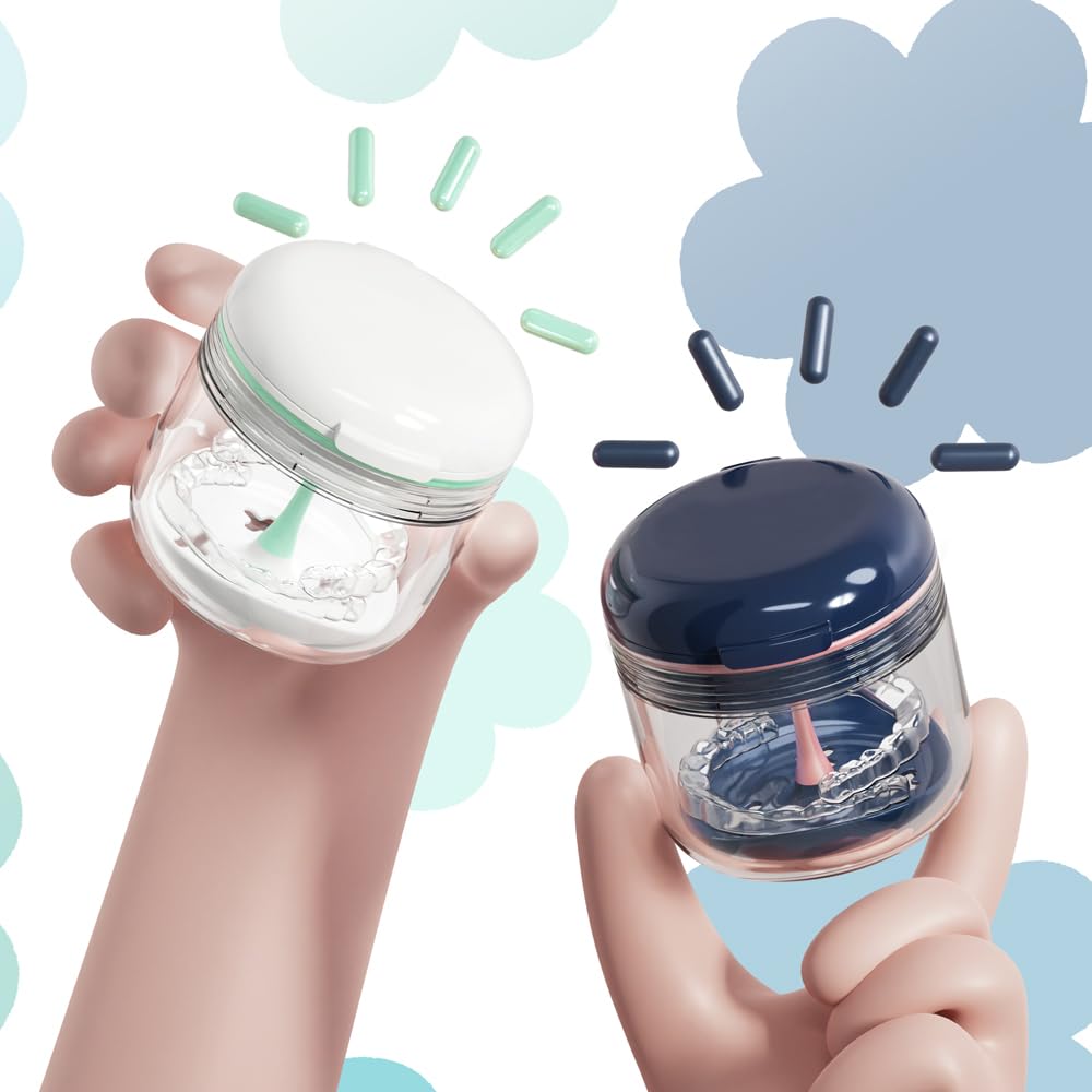 Retainer case, Denture Bath Cup，Retainer Cleaner Case Box,Night Mouth Guard Case Holder,Storage Soak Container with Drain Tray for Travel Cleaning with Mirror and Brush