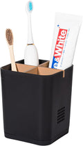 Toothbrush Holders Drainage for Bathrooms, 4 Slots Tooth Brushing Holder with Bamboo Dividers Plastic Electric Toothbrush and Toothpaste Caddy Organizer for Sink, Counter, Shower, Vanity, Black
