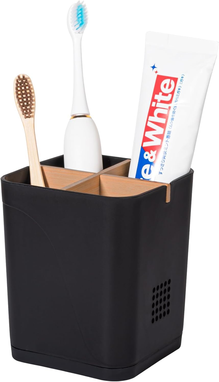 Toothbrush Holders Drainage for Bathrooms, 4 Slots Tooth Brushing Holder with Bamboo Dividers Plastic Electric Toothbrush and Toothpaste Caddy Organizer for Sink, Counter, Shower, Vanity, Black